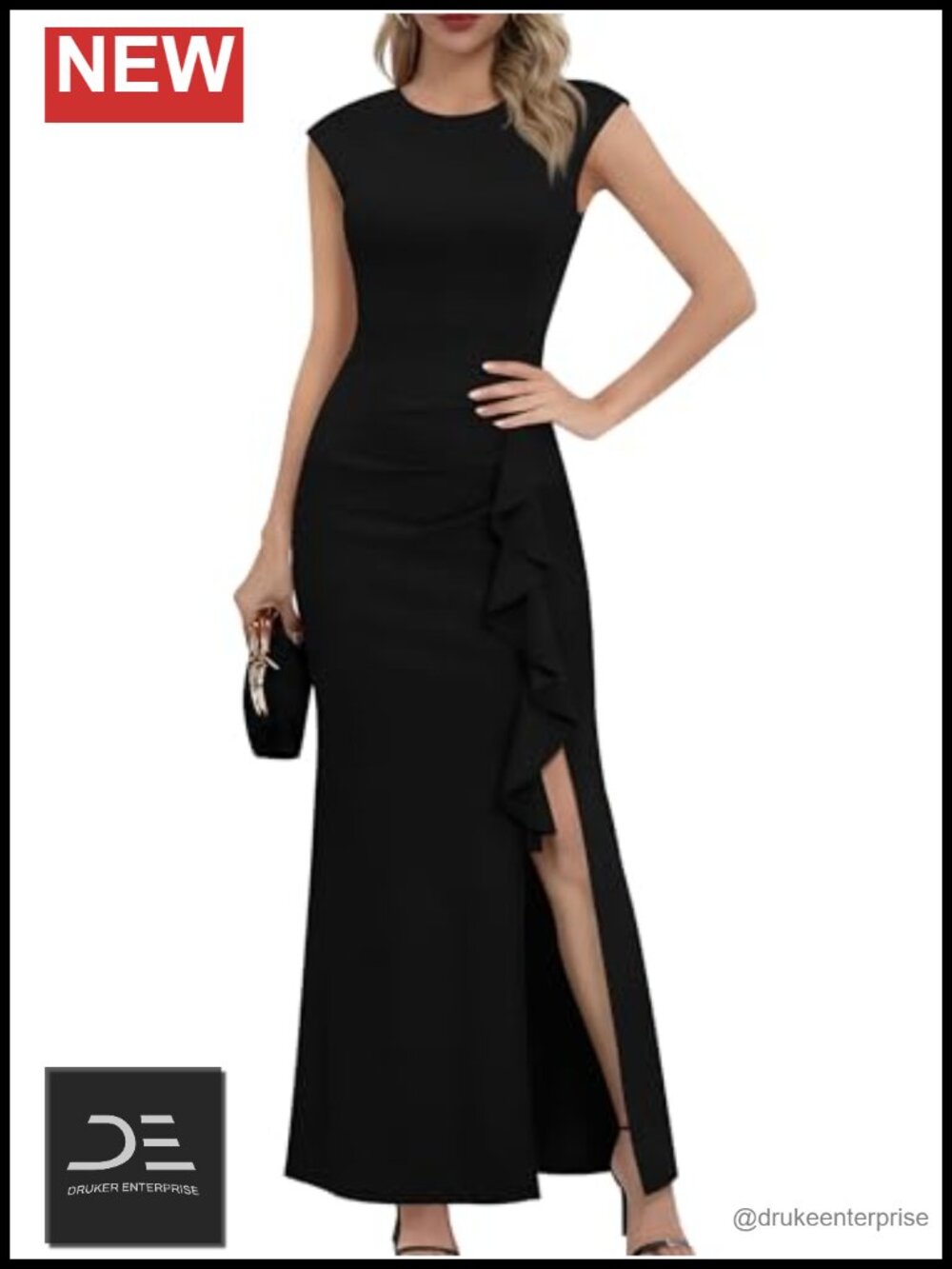 Mermaid Maxi Dress Cap Sleeve Ruffle Side Split Ruched Bodycon Evening Party